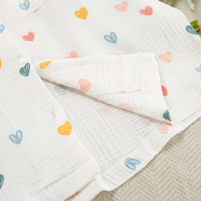 Heart Print Lapel Short Sleeve Top + Shorts Pajamas Loose 100% Cotton Comfortable Women Sets Casual Homewear Sleepwear Outfits