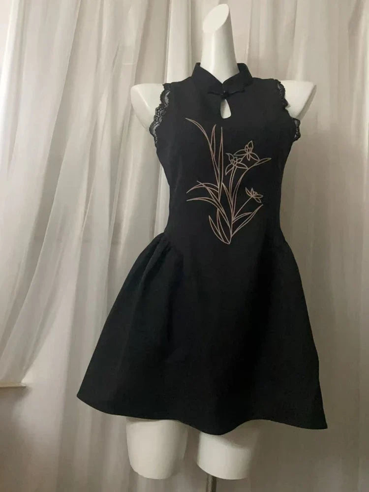 Chinese Style Printed Dress for Women's Summer Slim Fit Sleeveless Lace A-line Short Dress Fashion Female Clothes