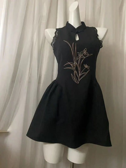 Chinese Style Printed Dress for Women's Summer Slim Fit Sleeveless Lace A-line Short Dress Fashion Female Clothes