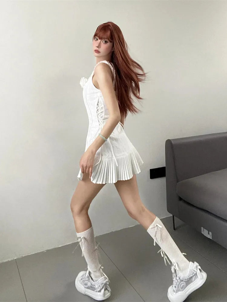 White Pleated Mini Dress Side Drawstring Lace Up Slim Sling Skirt for Women Vintage Patchwork Lady Casual Summer Dresses