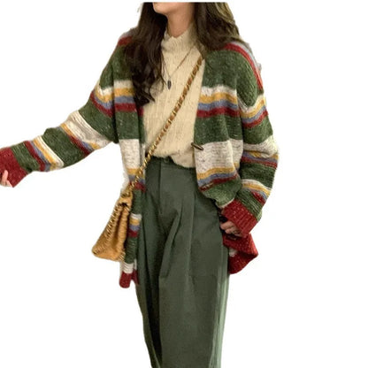 Striped Sweater Jacket Autumn New Style Loose Slimming Contrasting Long Sleeved Knitted Sweater