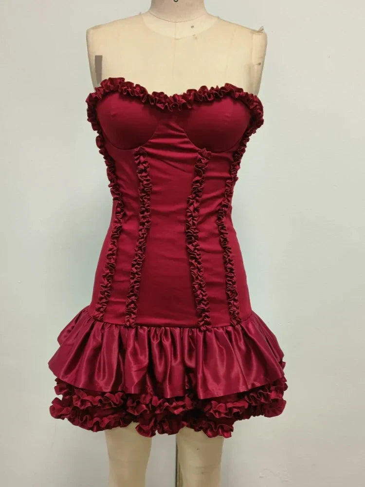Ruched Sweetheart Strapless Tiered Ruffle Hem Mini Dress