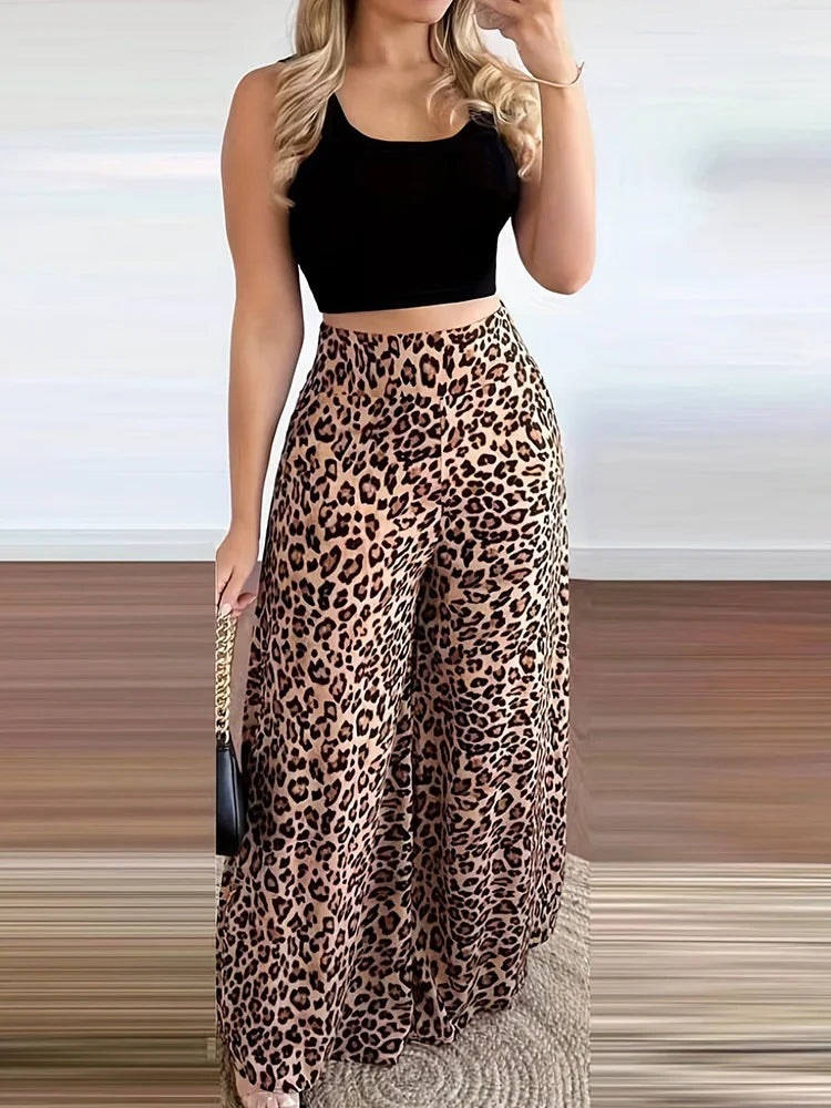 Casual Pant Suits for Women Korean Fashion French Style Streetwear Two LOOSE Leopard Print 2024 New Spring Summer Pant Suits