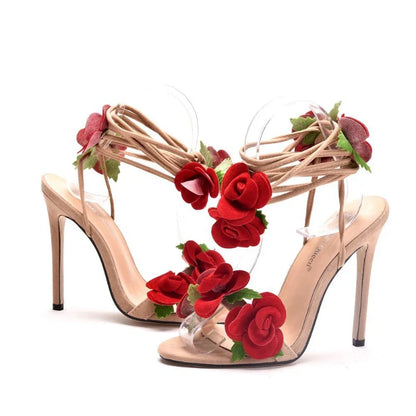 New Satin Rose High Heel Cross Straps Round Head Fine Heel Super High Heel Large Size Strappy Women's Sandals Wedding Shoes