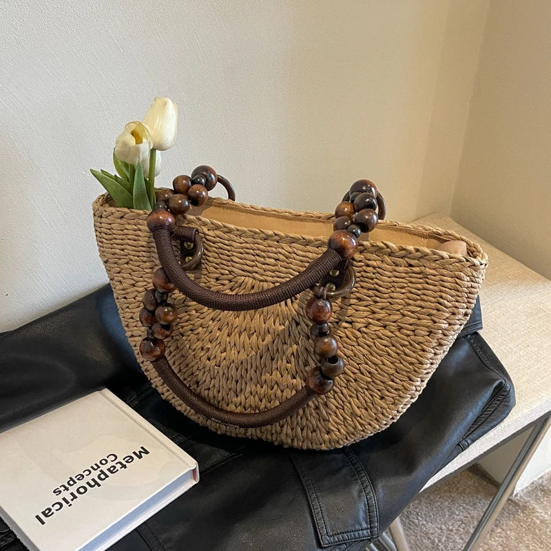 Khaki Straw Bag For Women Half Moon Design Beach Shoulder Bag With Short Handle Tote Summer Travel Handbag Fashion Handmade Bag