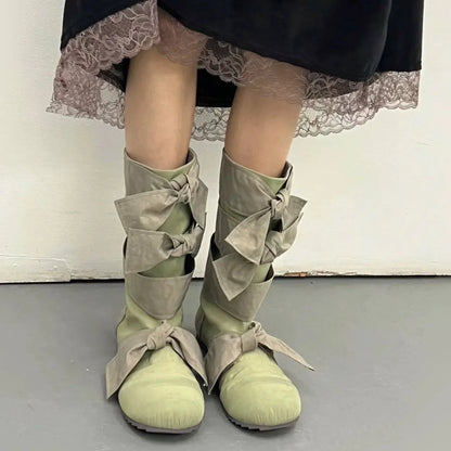 Fashion Women Middle Boots Bow Cross Strap Solid Color Autumn Winter Knee High Boots Ladies Thick Sole Platform Outdoor Shoes Pu