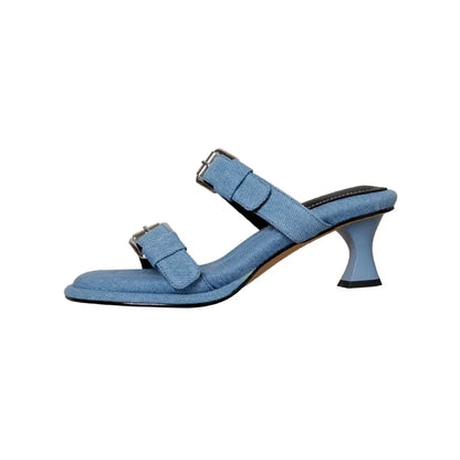 New Blue Denim Jeans Slippers Women Outdoor Mules Mid Heels Fashion Metal Buckle Designer Sandals Square Toe Ladies Slides