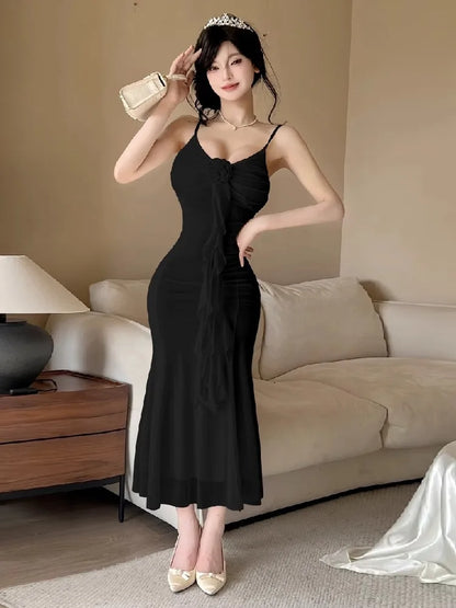 Women Dresses Sleeveless V Neck Ruffles Slim Elegant Backless Ruffles Ribbon Temperament Elegant Dress Sexy Ladies