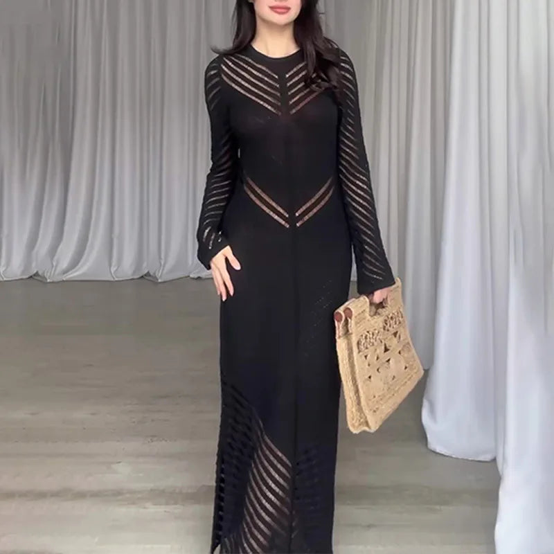 Chevron Mesh Panel Crew Neck Sleeveless Side Slit Knit Maxi Dress