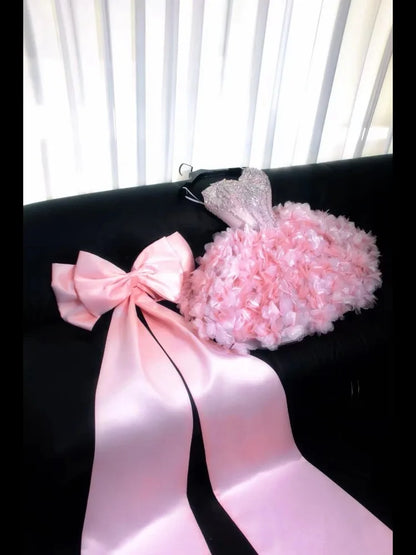 Pink Off-Shoulder Big Bow Short Ball Gown for Women Girl Elegant 3D Flowers Prom Evening Dress Sexy Mini Party Birthday Dresses