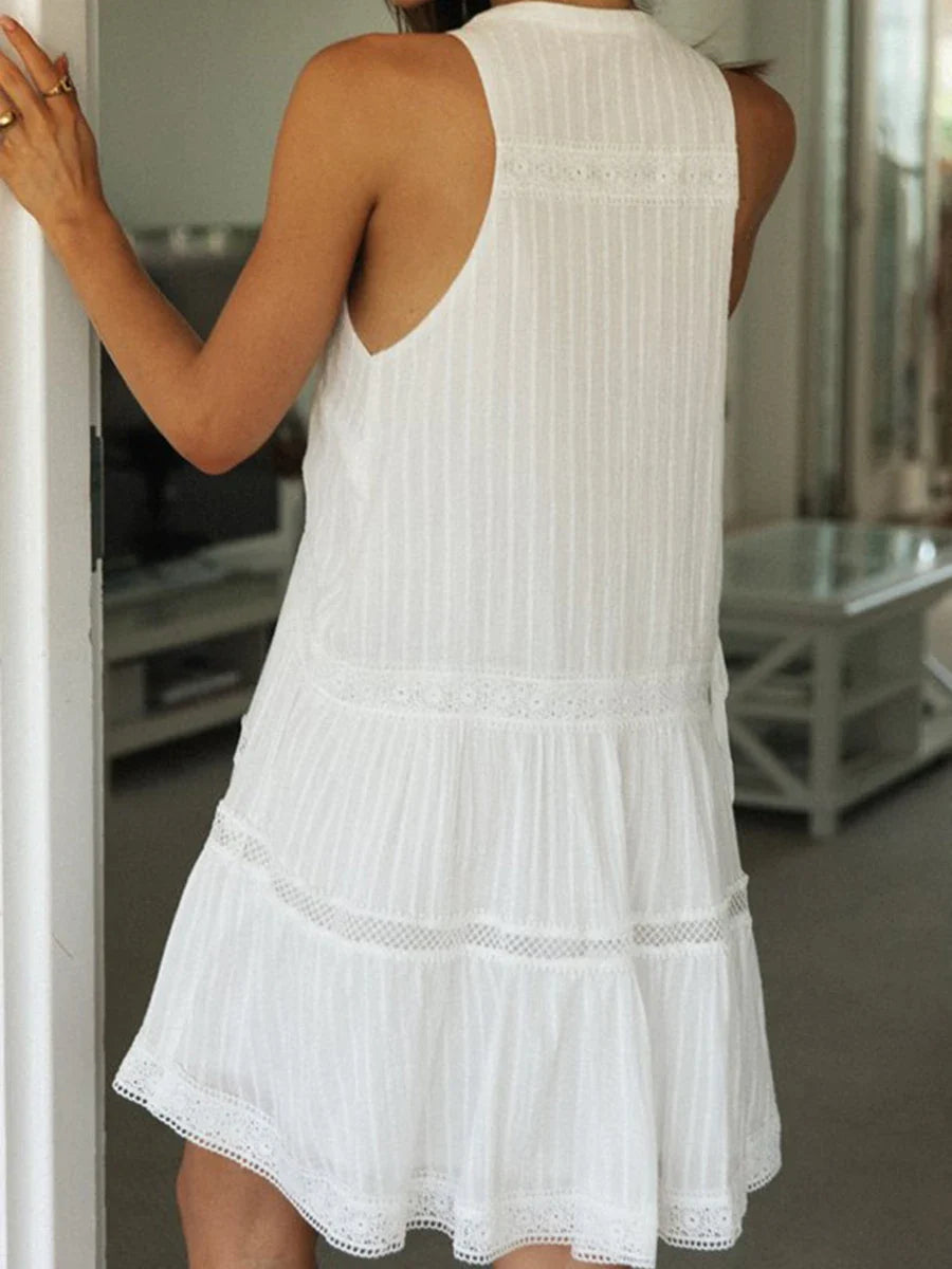 Lace Patchwork White Mini Dress Women Spring Summer O-neck Button Up Sleeveless A-line Vestidos Casual Fashion Dresses 2024 New