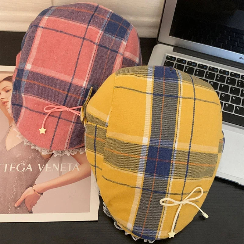 Y2K Cute Bow Lace Berets Cap for Women Spring Summer Sweet and Cool Versatile Dopamine Contrasting Color Plaid Forward Hats