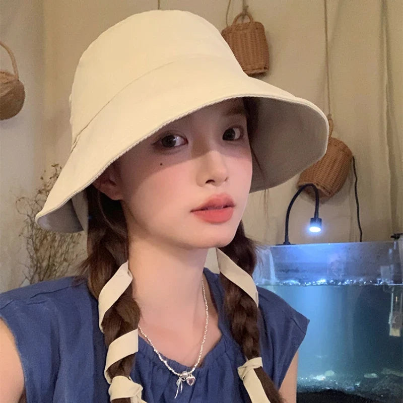 Korean Retro Red Strap Bucket Hats Summer Travel Versatile Sunscreen Show Face Small Sweet Beautiful Women's Caps