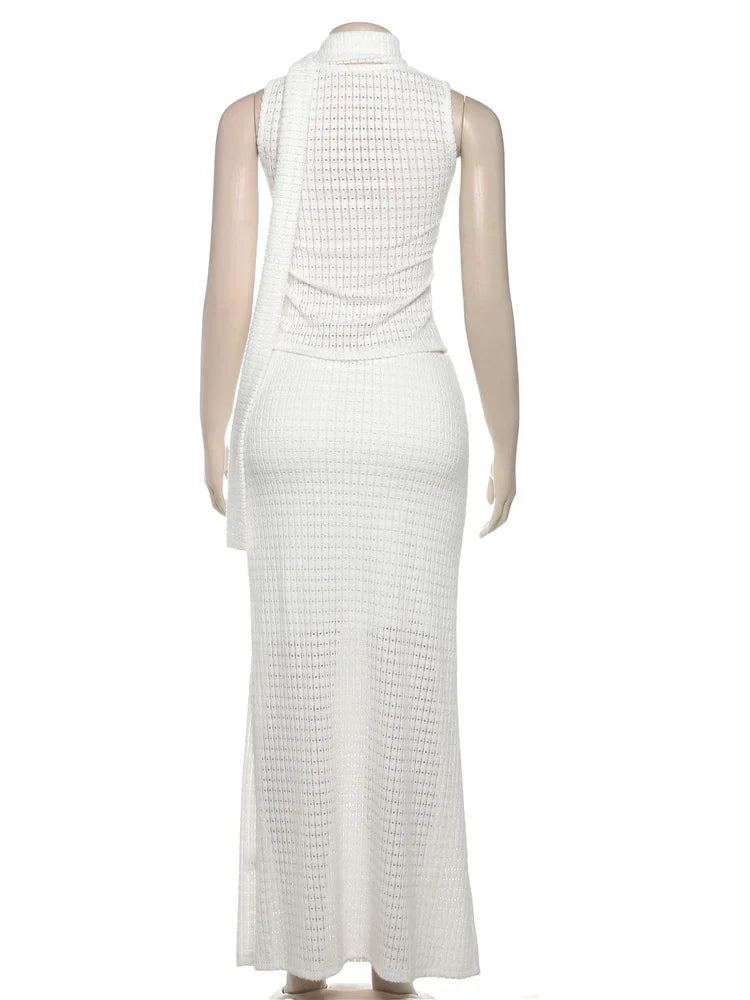 Elegant Sequined Patchwork 3 Piece Set Women Basic Scarf+Square Collar Tank Tops+Ruched Long Skirt Matching Trend Suits