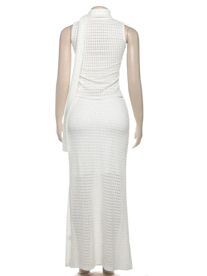 Elegant Sequined Patchwork 3 Piece Set Women Basic Scarf+Square Collar Tank Tops+Ruched Long Skirt Matching Trend Suits