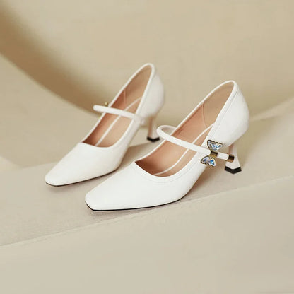 Fashion Elegant High Heels for Women Square Toe Thin Heels Office Shoes Fashion Shallow Diamond Bow Mary Jane Shoes Women Pumps