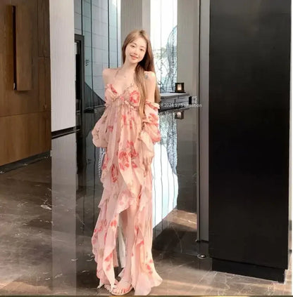 Summer Fashion High Split Irregular Long Holiday Chiffon Dress Women Backless Halter Off Shoulder Floral Print Beach Fairy Dress