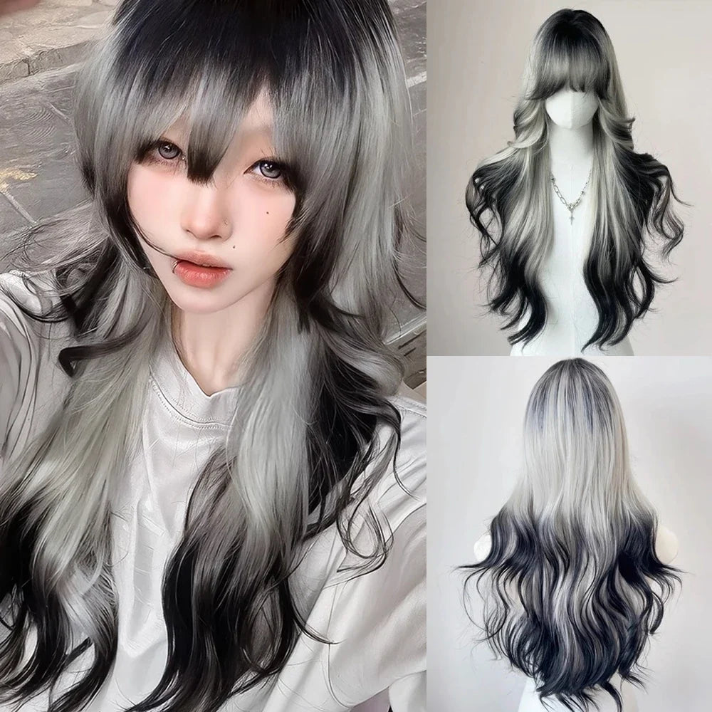 Synthetic Long Wavy Ombre Grey Black Wig with Bangs Fluffy Women Lolita Cosplay Heat Resistant Wig for Daily Party