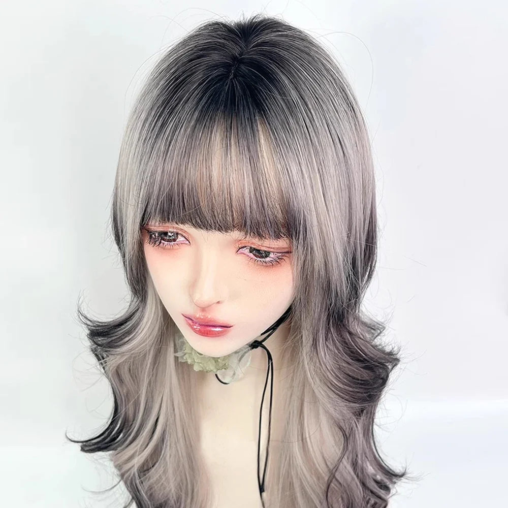 Black Ombre Beige long Synthetic Wavy Wig with Bangs Fluffy Lolita Cosplay Heat Resistant Wig for Daily Party