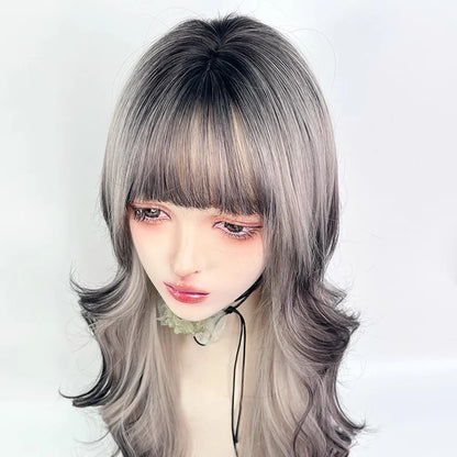 Black Ombre Beige long Synthetic Wavy Wig with Bangs Fluffy Lolita Cosplay Heat Resistant Wig for Daily Party