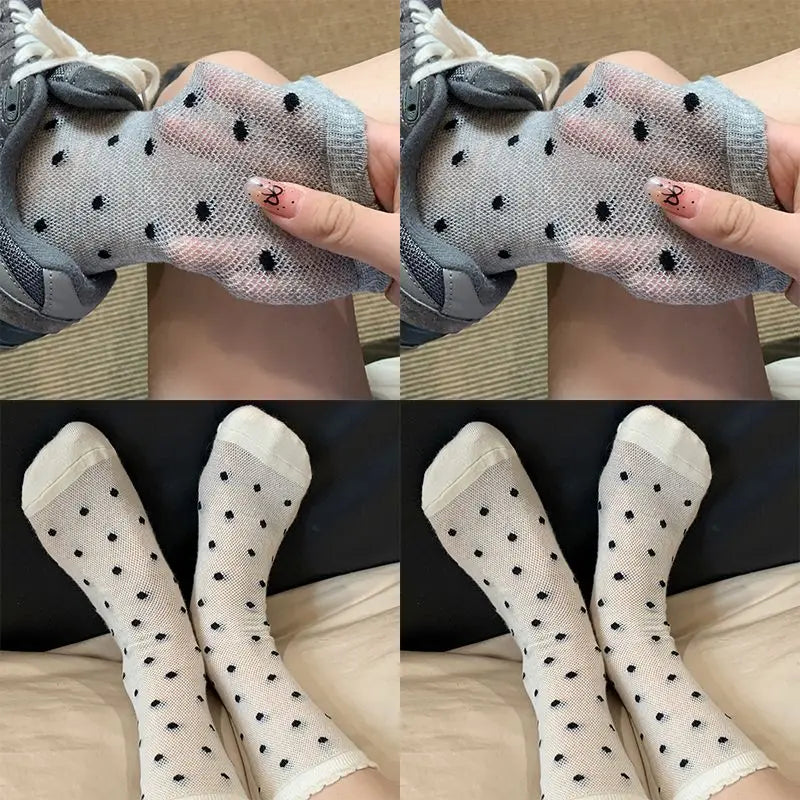 Summer Thin Bow Dot Lace Mid Tube Socks Versatile Mesh Hollow College Style Sweet Stacked Socks Japanese JK Calf Socks for Women