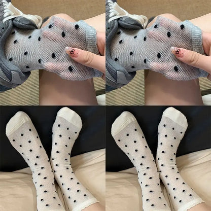 Summer Thin Bow Dot Lace Mid Tube Socks Versatile Mesh Hollow College Style Sweet Stacked Socks Japanese JK Calf Socks for Women