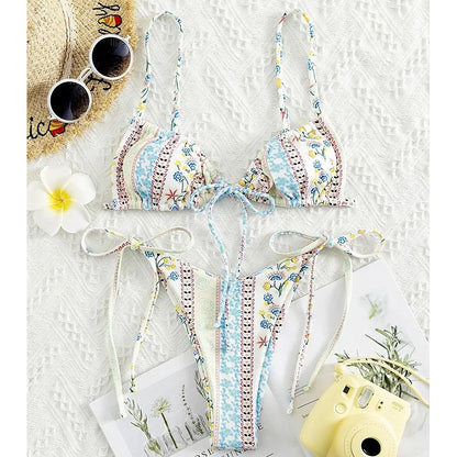New Floral Print String Bandage Bikinis Triangle Cup Push Up Swimsuit Women Bathing Suit Beachwear Halter Swimwear XS