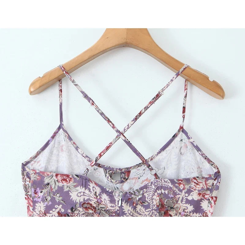 Vintage Floral Print Sling Vacation Dress Women New 2026 A-line Midi Big Swing Casual Summer Dresses
