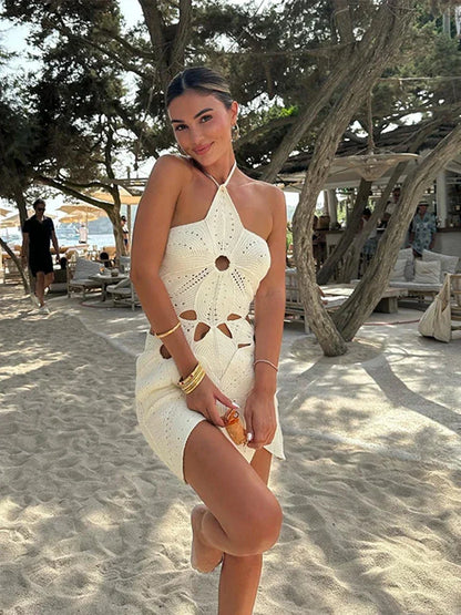 Crochet Knit Halter Neck Cut Out Mini Dress