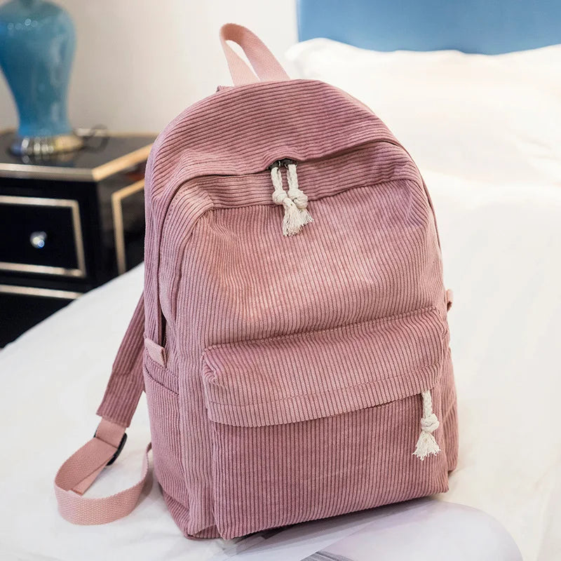 Beige School Backpack For Teenage Girls Pink Soft Fabric Backpack Female Striped Backpack For Women School Bag