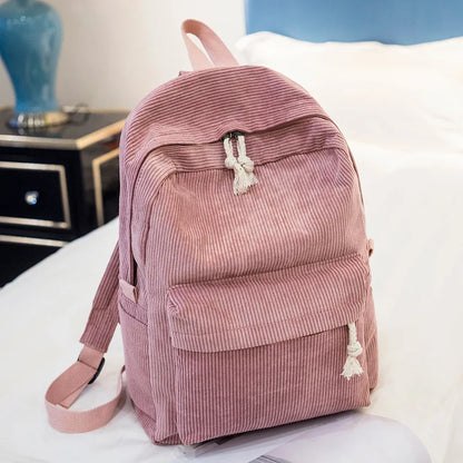 Beige School Backpack For Teenage Girls Pink Soft Fabric Backpack Female Striped Backpack For Women School Bag