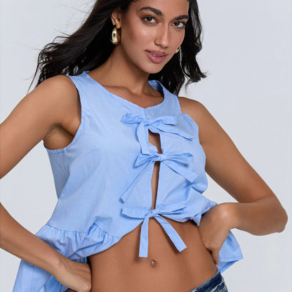 Solid Tie Front Round Neck Cami Top