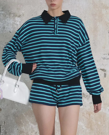 Two Pieces Set Women Long Sleeve Striped Pullovers Hoodies Shorts Matching Casual Streetwear Outfits Shorts Set