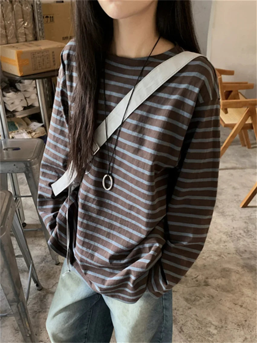 Loose Tees Stripes Vintage Streetwear All Match Fashion Oversize Full Sleeve Autumn Casual Office Lady T-Shirts