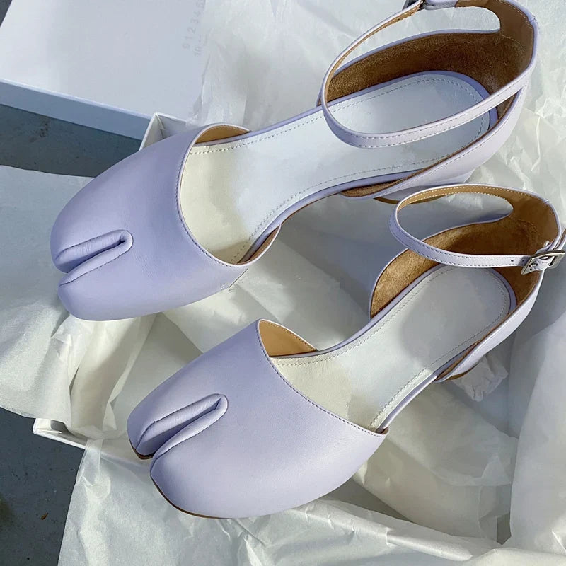 New Purple Women Tabi Shoes Split Toe Female Chunky High Heel Pumps Ankle Wrap Designer Summer Sandals Mary Janes Big Size