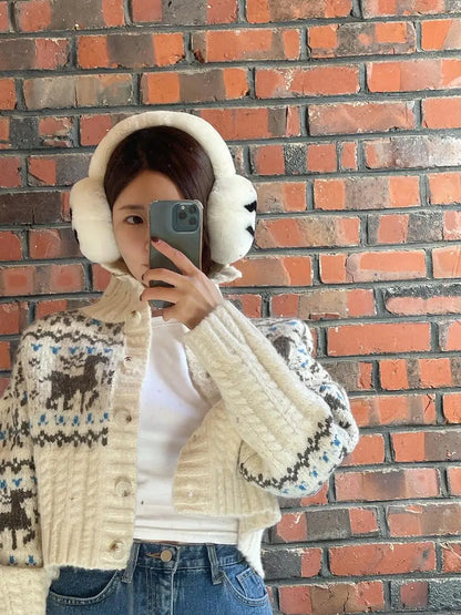 Retro Gentle Style Stand Collar Single Breasted Christmas Knitted Top Elk Jacquard Long Sleeve Sweater Jacket Cropped Cardigan