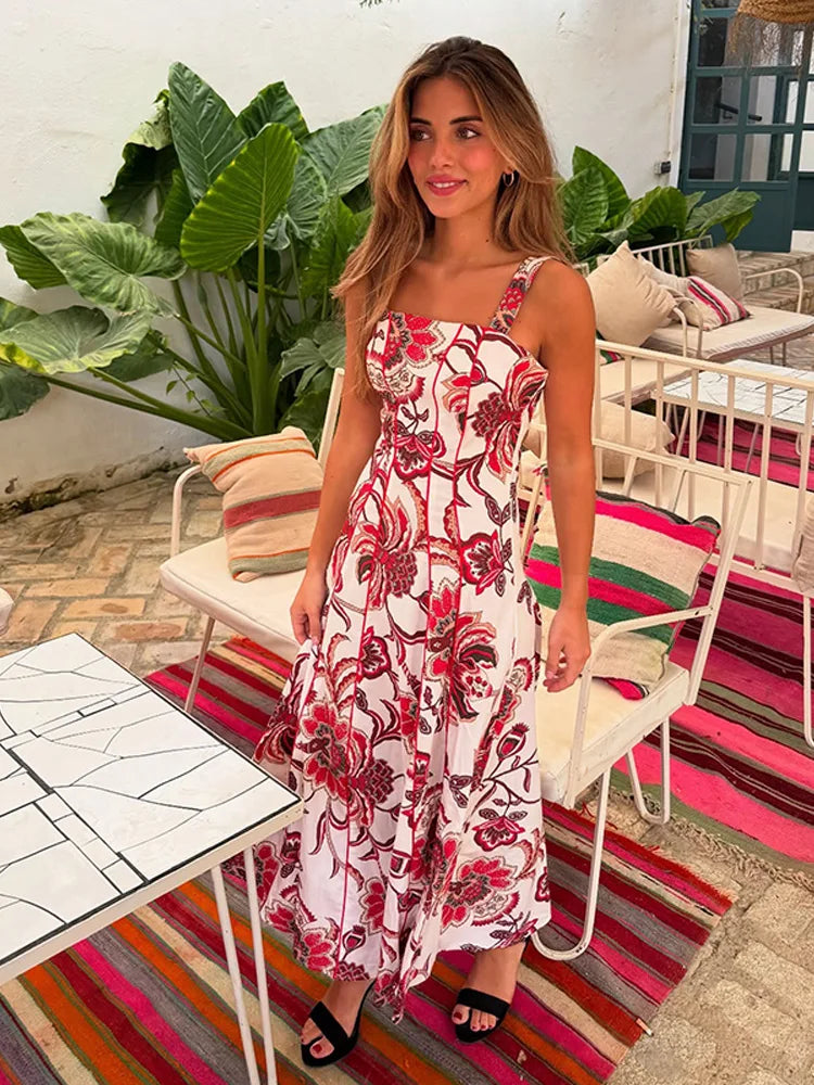 Halter Printed Long Dress Square Collar Slimming Waist Cinched Pleated Suspender Straps Dresses Backless Robes Women's Clothing