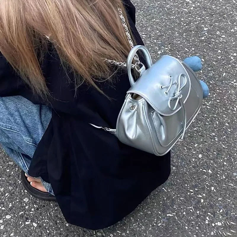 Silver Fashion Womens Shoulder Bag College Style Vintage Small Leather Backpack Sweet Cute Summer Casual Commuter Girl Bag