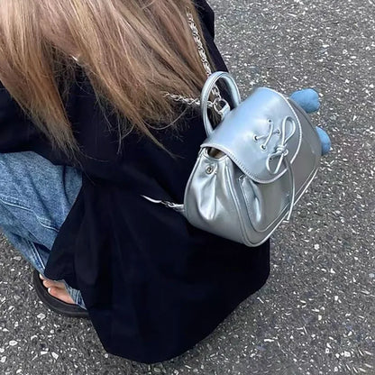 Silver Fashion Womens Shoulder Bag College Style Vintage Small Leather Backpack Sweet Cute Summer Casual Commuter Girl Bag