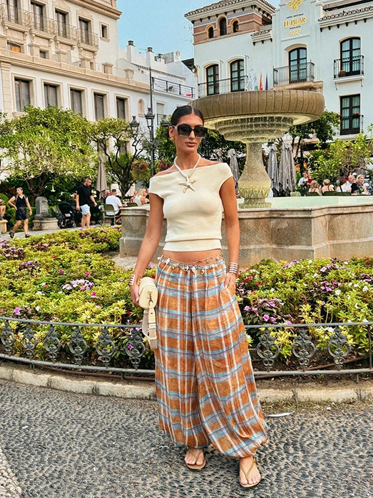 Retro Plaid Loose Jogger Pant Women Chic Casual Drawstring Long Pants Female 2025 Autumn Versatile Fashion Street Trousers