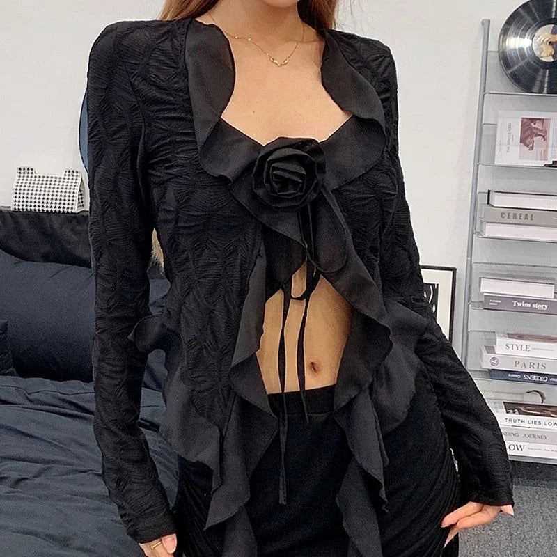 Y2K Irregular Black Shirts Women Harajuku Sexy Cropped Ruffles Flower Blouses Summer Gyaru Gothic Lace Up Long Sleeve Tops New
