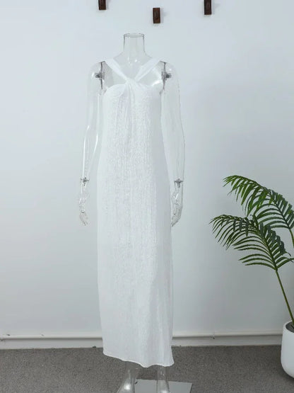 Sexy Backless Women's Side Split Loose Maxi Dress Fashion V-neck Sleeveless Sling Robe Female New Chic Vacation Vestido