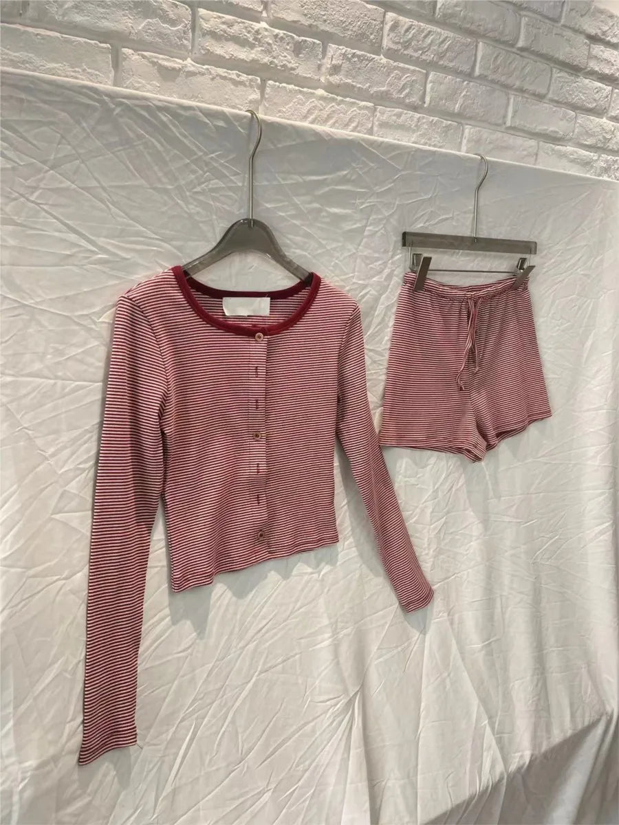 Red Striped Y2k Vintage 2 Piece Set Women Buttons O Neck Crop Top Long Sleeve+Drawstring Shorts Sweet Fashion Slim Shorts Sets