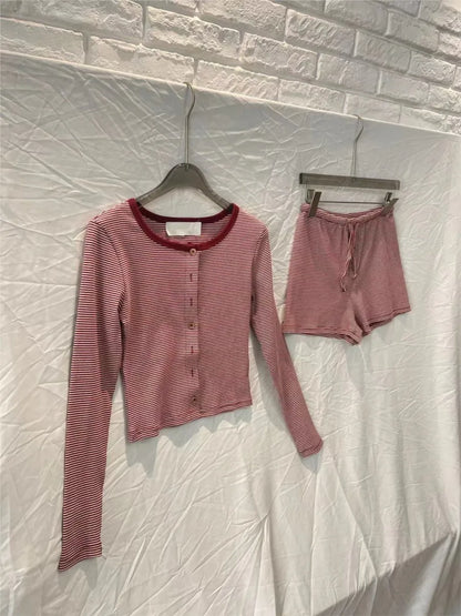 Red Striped Y2k Vintage 2 Piece Set Women Buttons O Neck Crop Top Long Sleeve+Drawstring Shorts Sweet Fashion Slim Shorts Sets