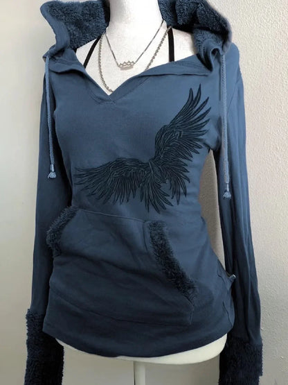 Y2K Blue Lamb Wool Pullover Sweatshirt Womens Harajuku Wings Graphic Embroidered Slim Sweatshirt Gothic Retro Sexy Hot Girl Top