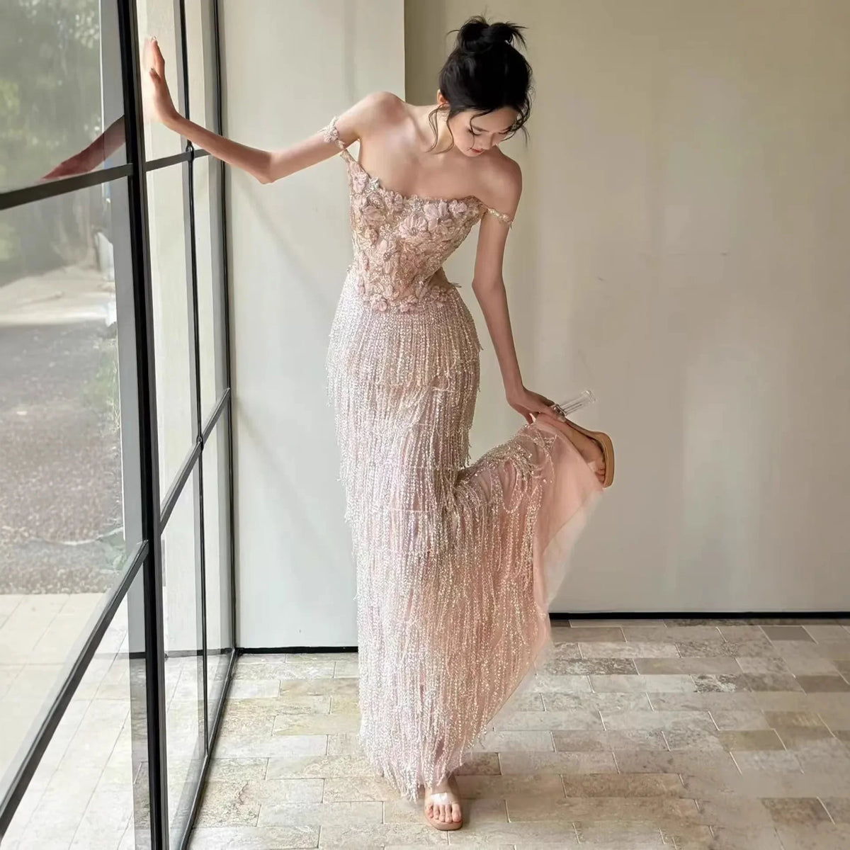 Elegant Heavy Work Evening Dress for Women with Fringe Strap Welcome Wedding Banquet Hostess Engagement Dress