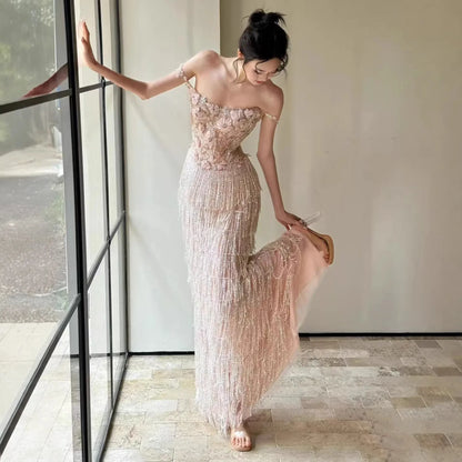 Elegant Heavy Work Evening Dress for Women with Fringe Strap Welcome Wedding Banquet Hostess Engagement Dress