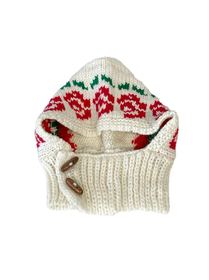 Korean Retro Balaclava Hat Winter Rose Jacquard Knitted Thermal Cover Neck Protection Integrated Ski Beanie Cap for Women's
