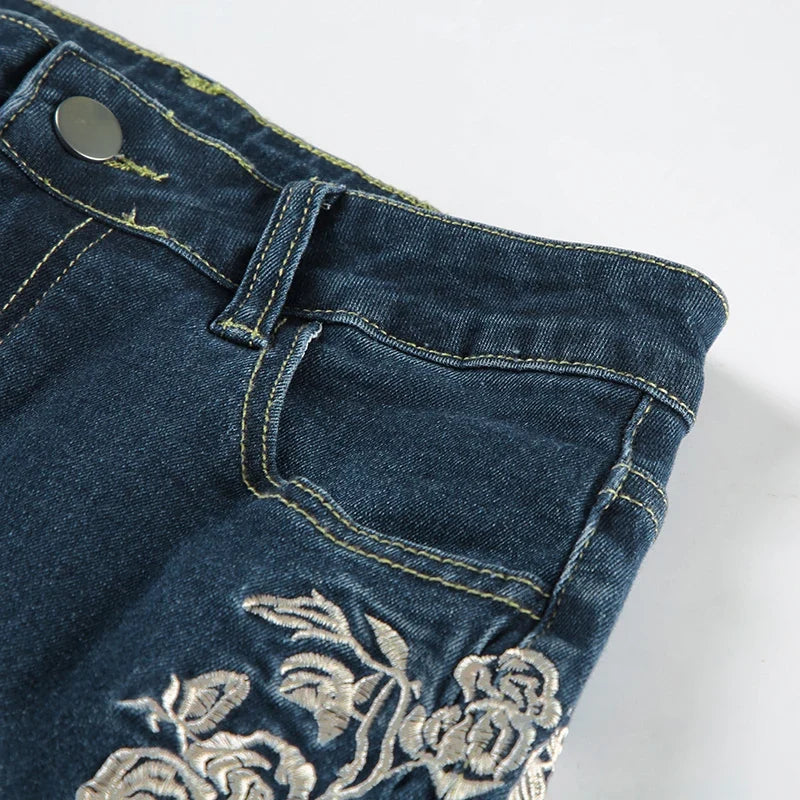 Y2K Rose Embroidered Trumpet Jeans Women Fashion Aesthetic Slim Flare Pants Vintage Blue 2000s Denim Trousers Spring