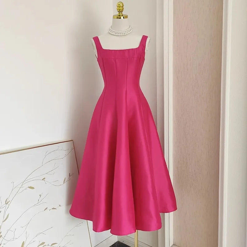 Square Collar Evening Dress French Hepburn Style Niche Temperament Retro Sling Slim Waist Wedding Party Dresses Fluffy Prom Robe